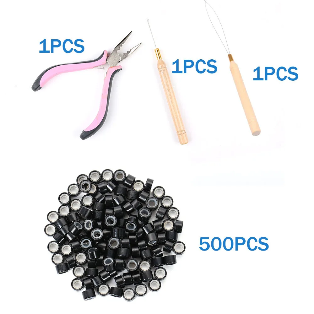 Hair Extension Tool Kits Pliers Pulling Hook 500 PCS Micro Silicone Rings Bead Device Tool Kits For Hair Or Feather Extensions