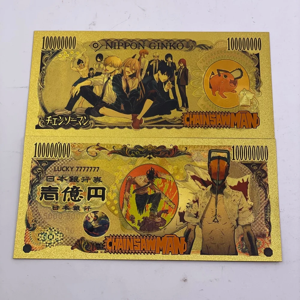 ธนบัตรลาย Chainsaw Man 15designs แบบฟอยล์สีทอง ของสะสมอนิเมะ ตัวละครเด็นจิ/พาวเวอร์/มาคิมะ ของที่ระลึกจากมังงะ ของขวัญสำหรับแฟนๆ ของสะสม