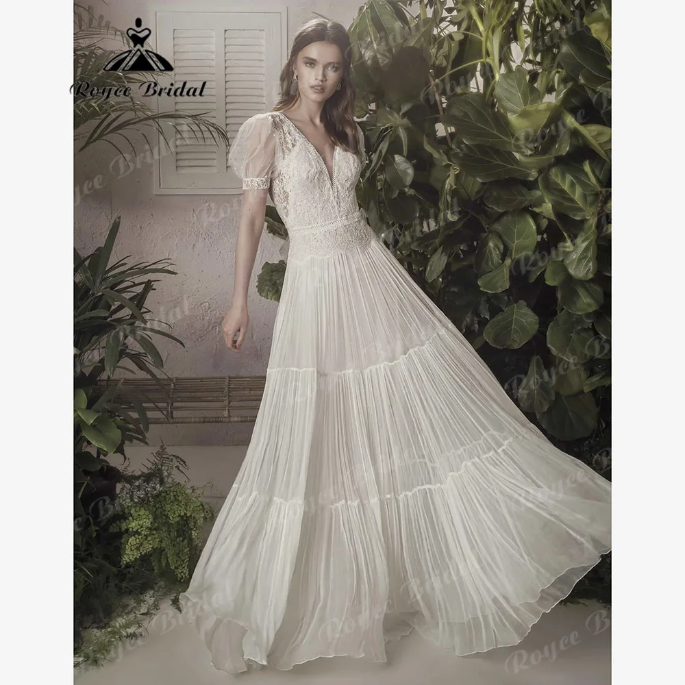 Szata mariage femme Civil dekolt w szpic koronkowa suknia ślubna w stylu Boho Boho dla kobiet 2024 bez pleców suknia ślubna z krótkim rękawem szykowna seksowna