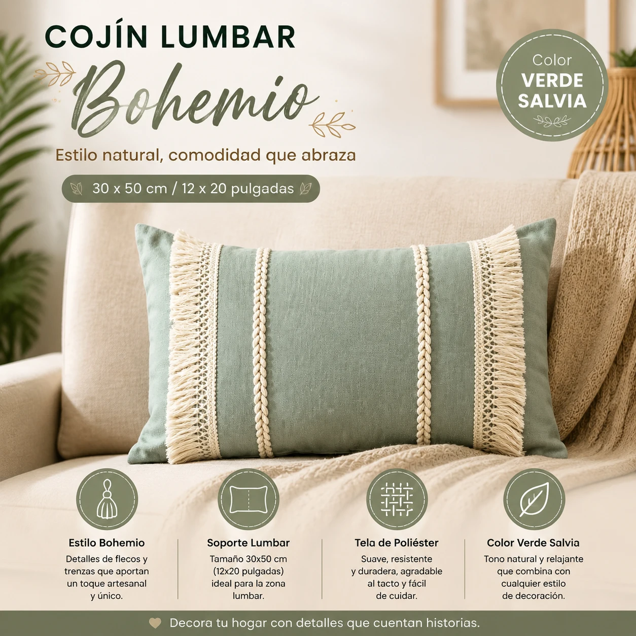 Coussin décoratif bohème avec franges et tresses faites à la main, coussin lombaire en polyester doux pour canapé, chambre et bureau, style bohème rectangulaire, 30×50 cm
