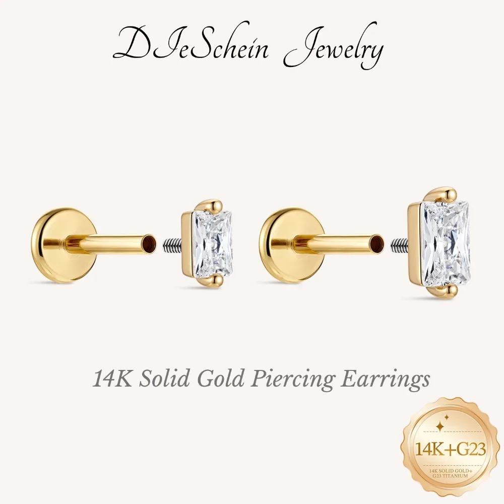DIeSchein 14K Solid Gold Flat Back Stud Earring for Women Stud Internal Thread Piercing Earring for Girls Birthday Gifts