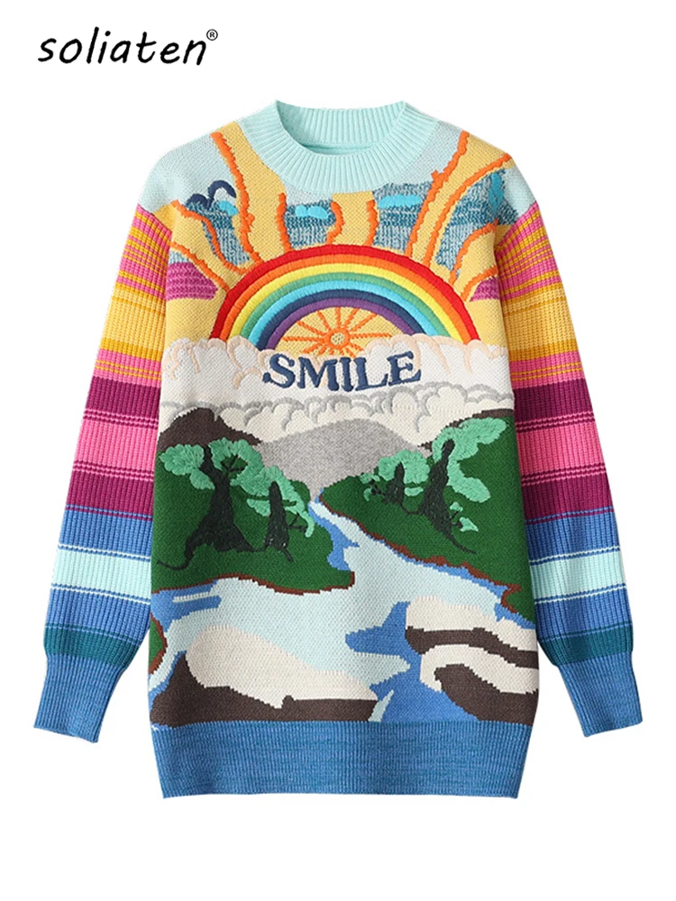 Übergroßer Pullover für Damen, 2022, modisch, Regenbogen-gestreift, bestickte Buchstaben, gestrickte Pullover, lockere lässige Streetwear-Tops, C-119