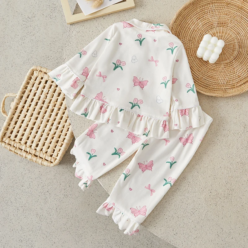 Suefunskry Baby Girl 2Pcs Pajama Set Strawberry/Butterfly Print Long Sleeve Tops + Pants Set Toddler Loungewear Sleepwear image 2