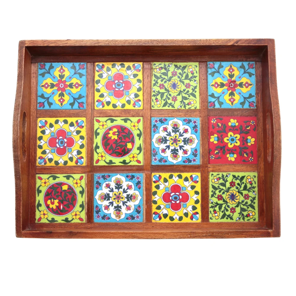 

Wooden Serving Tray - Decorative colorful ceramic tile mounted tray with handles for Farmhouse style & décor (15x12x3 inches)