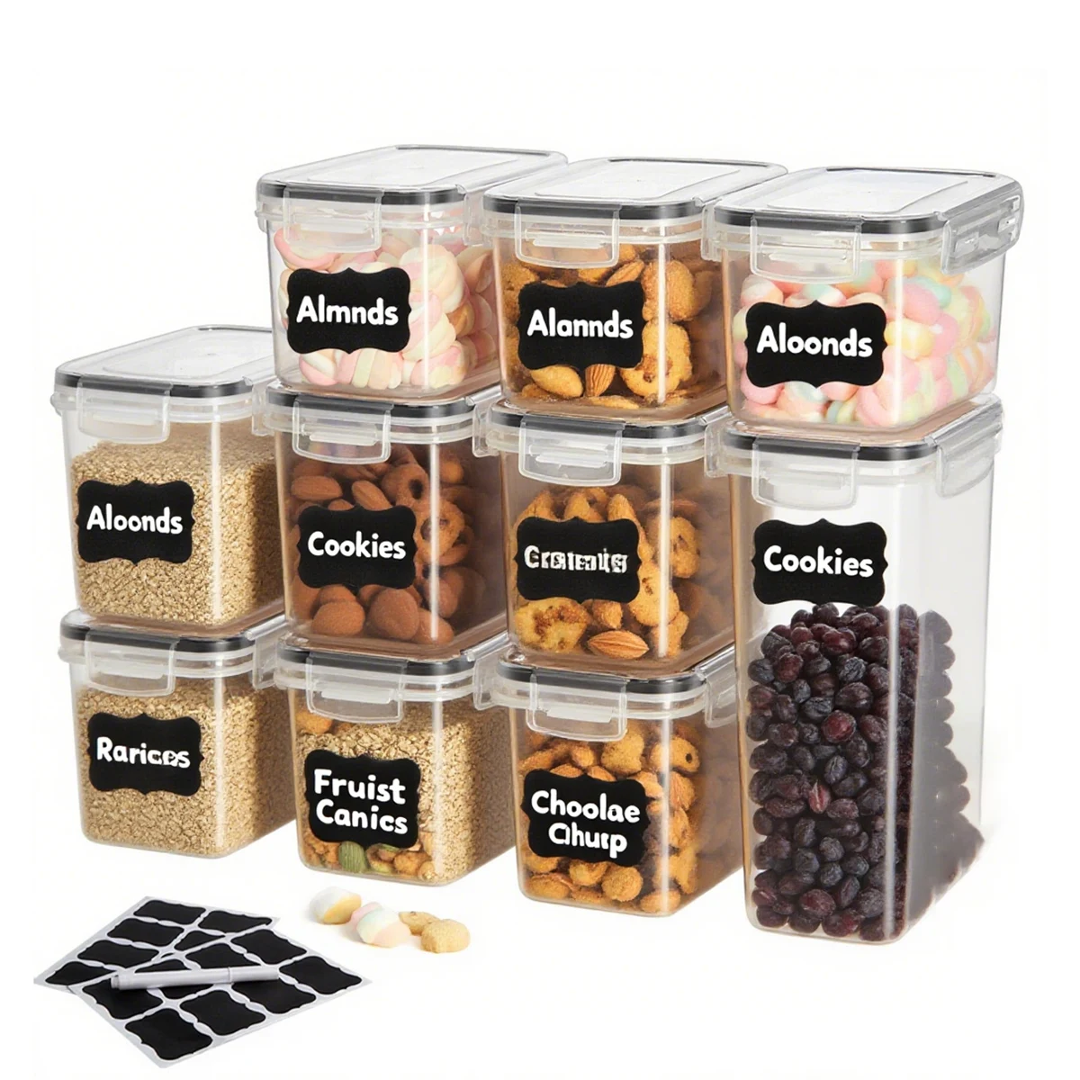 Snacks Food Labels - 6個入り-ラベル付き正方形透明スタッカブル食品保存容器セット、ミニマリストなカウンタートップに最適な4スナップ式密閉キャニスター、各種スイーツやスナックのディスプレイに