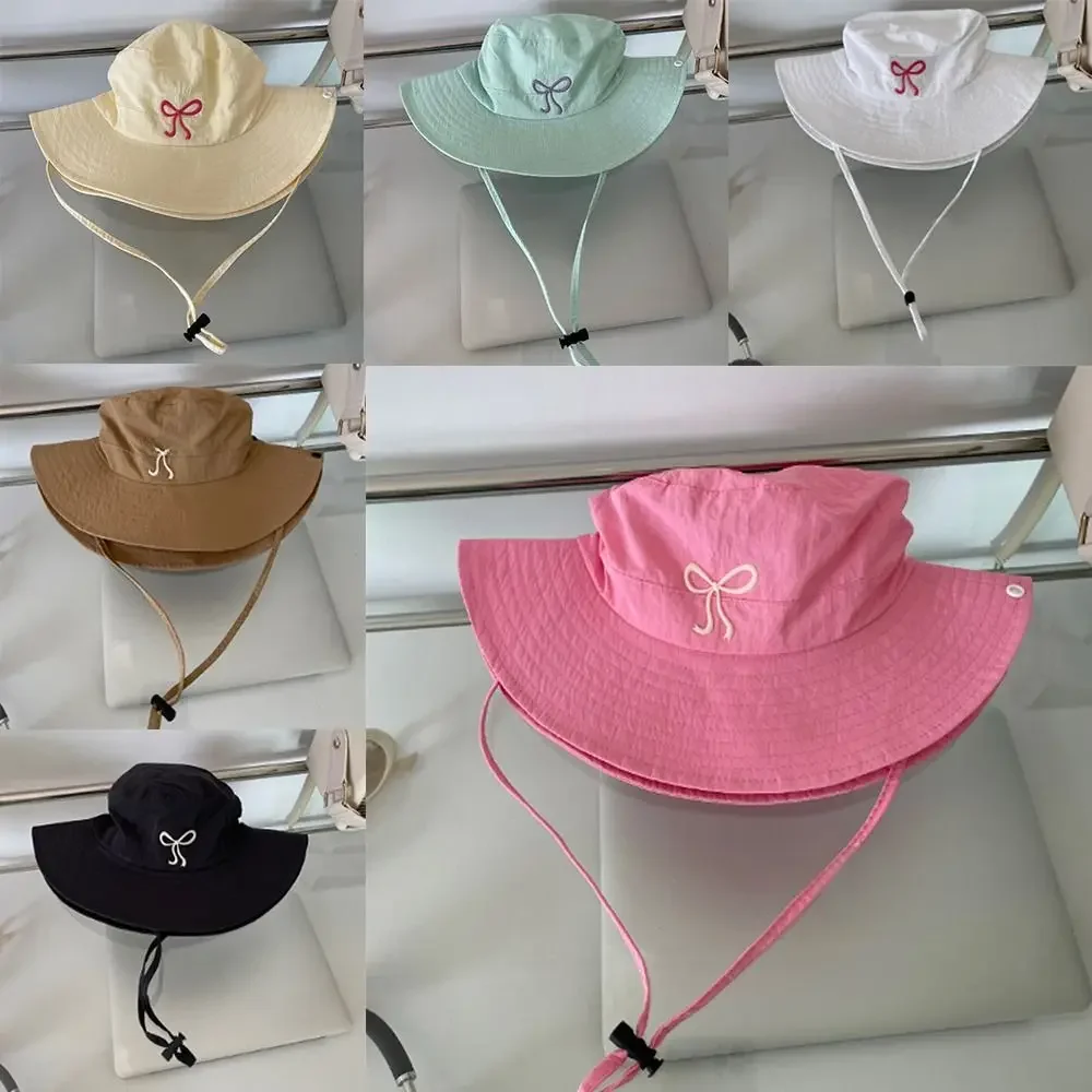 AliExpress NONE New Cute Pink Bow Strap Bucket Hats for Women 2024 Summer Outdoor Camping Sunscreen Quick Drying Breathable Fishing Caps