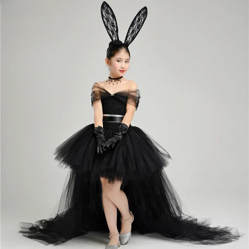 POSH DREAM 4 Pcs Dress Headband Necklace Glove Girl Black Princess Tutu Dress with Train Tulle Black Girls Halloween Party Dress — zdjęcie 2