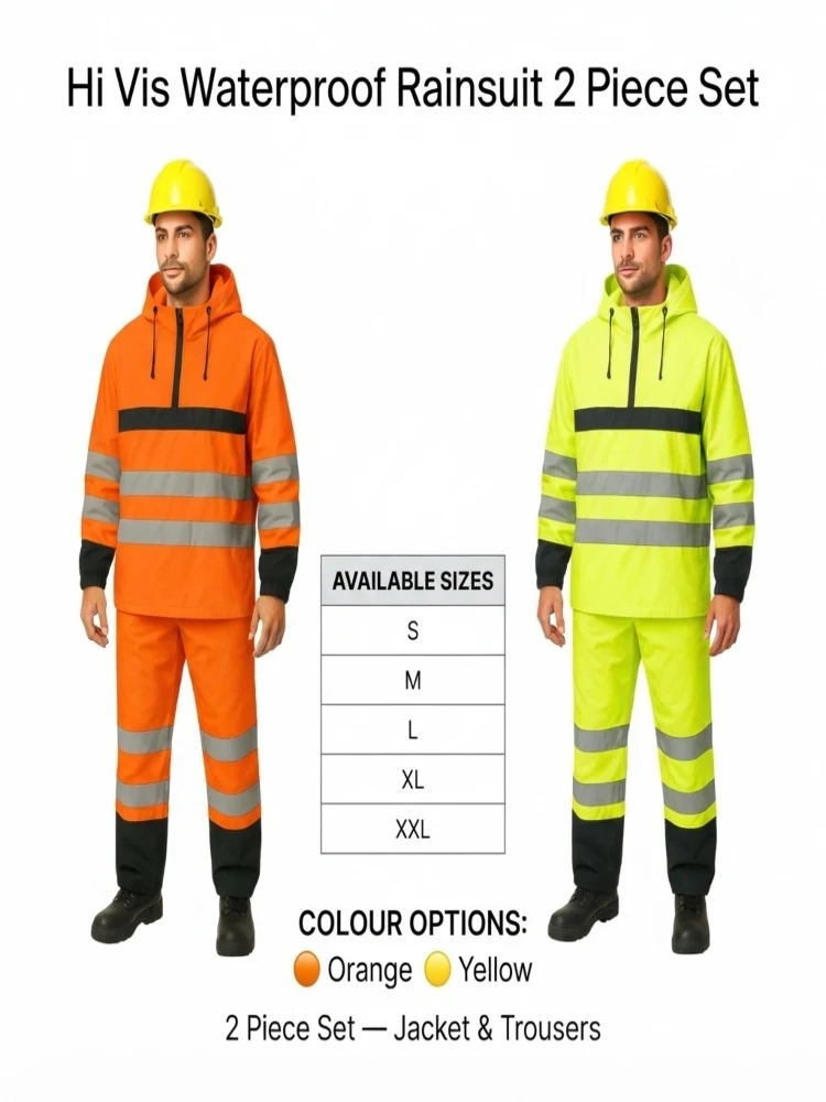 AliExpress NONE Hi Vis Waterproof Rain Suit 2 Piece Set for Men Reflective Safety Jacket & Trousers Hooded Lightweight Rainwear for Construction Work Outdoor Cycling Fishing