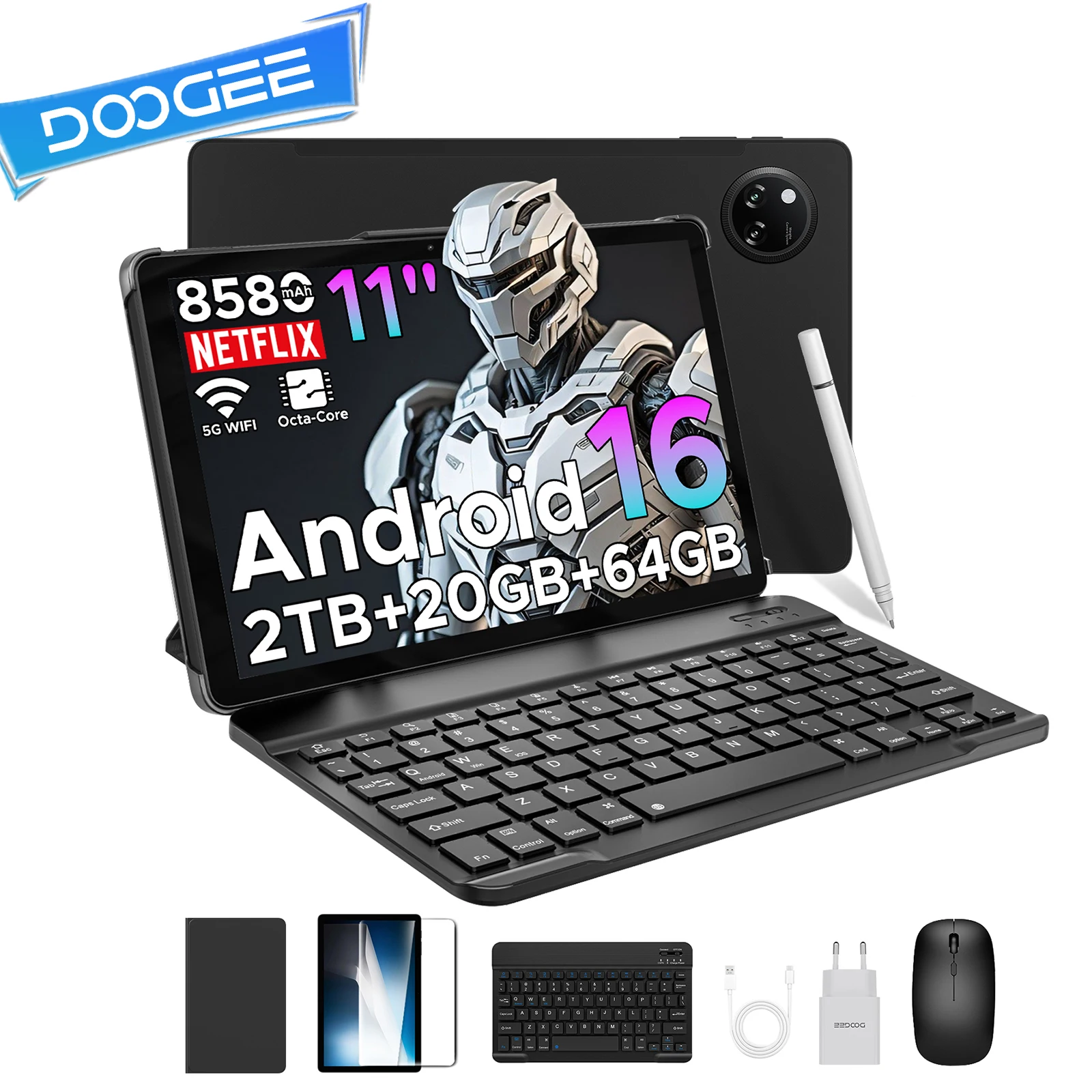 DOOGEE Tab A9+ Tablet 11 Pulgadas Android 16, Tablet PC Pantalla HD, 20 GB (4+16) de RAM, 64 GB de Almacenamiento, 8580 mAh Batería, T7200 Ocho Núcleos, Altavoces Duales, Cámara 13 MP,Tablet con teclado y lapiz