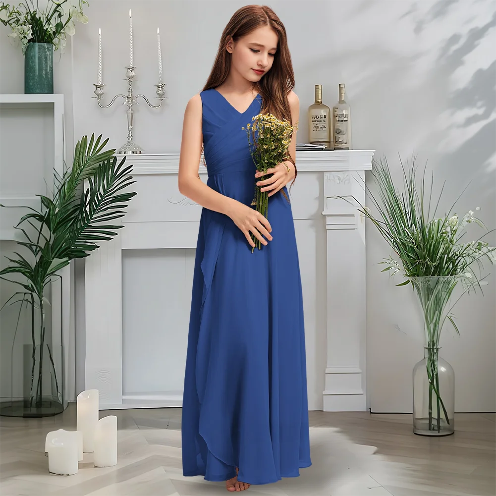 

Luxurious V-Neck Junior Bridesmaid Dress Blush Champagne Flower Girl Dress Floor-Length Chiffon With Cascading Pleats Wedding