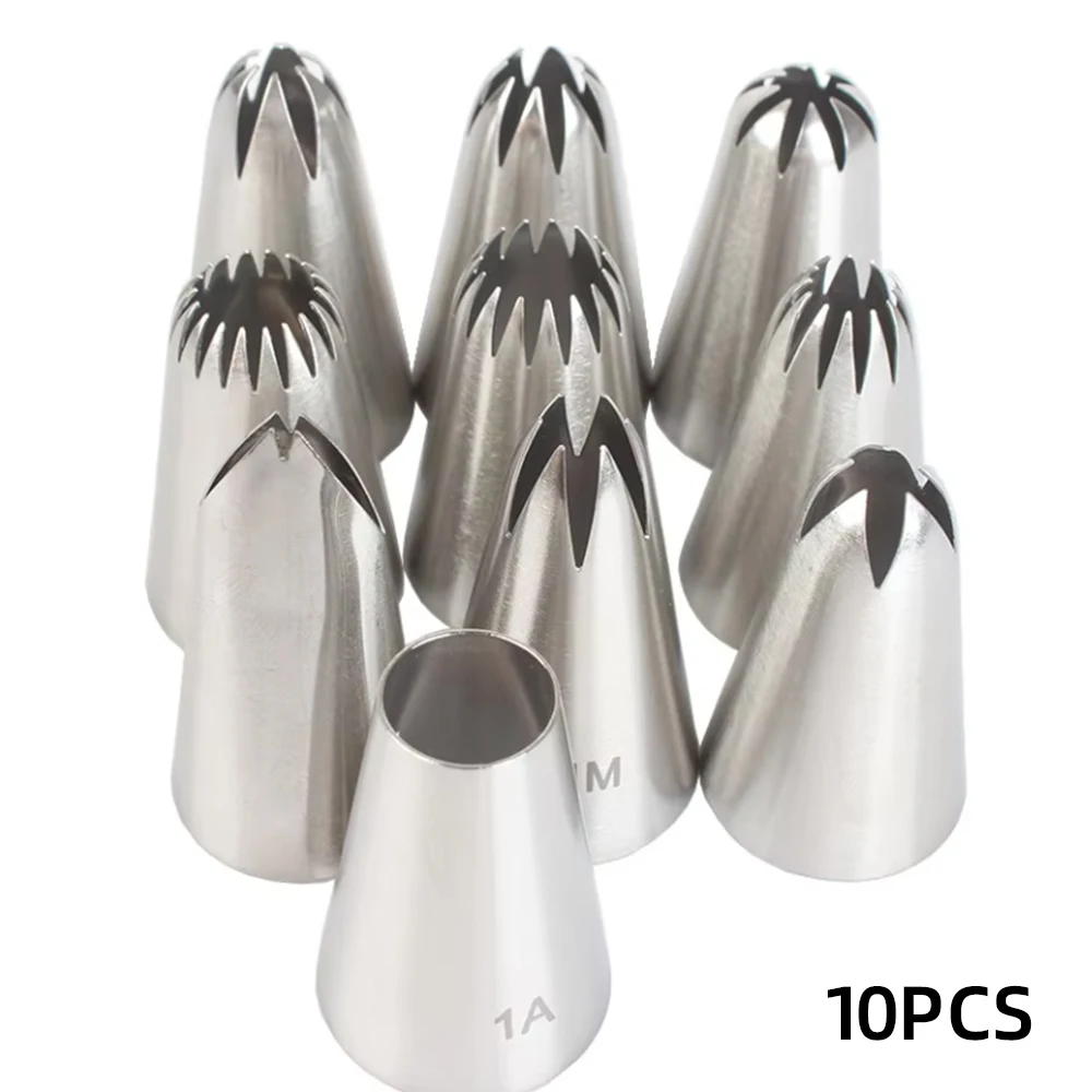 10pcs Piping Nozzles Set Stainless Steel Icing Nozzles Cream Cake Piping Tips For Dessert Biscuit Cup Cake Kitchen Accessories