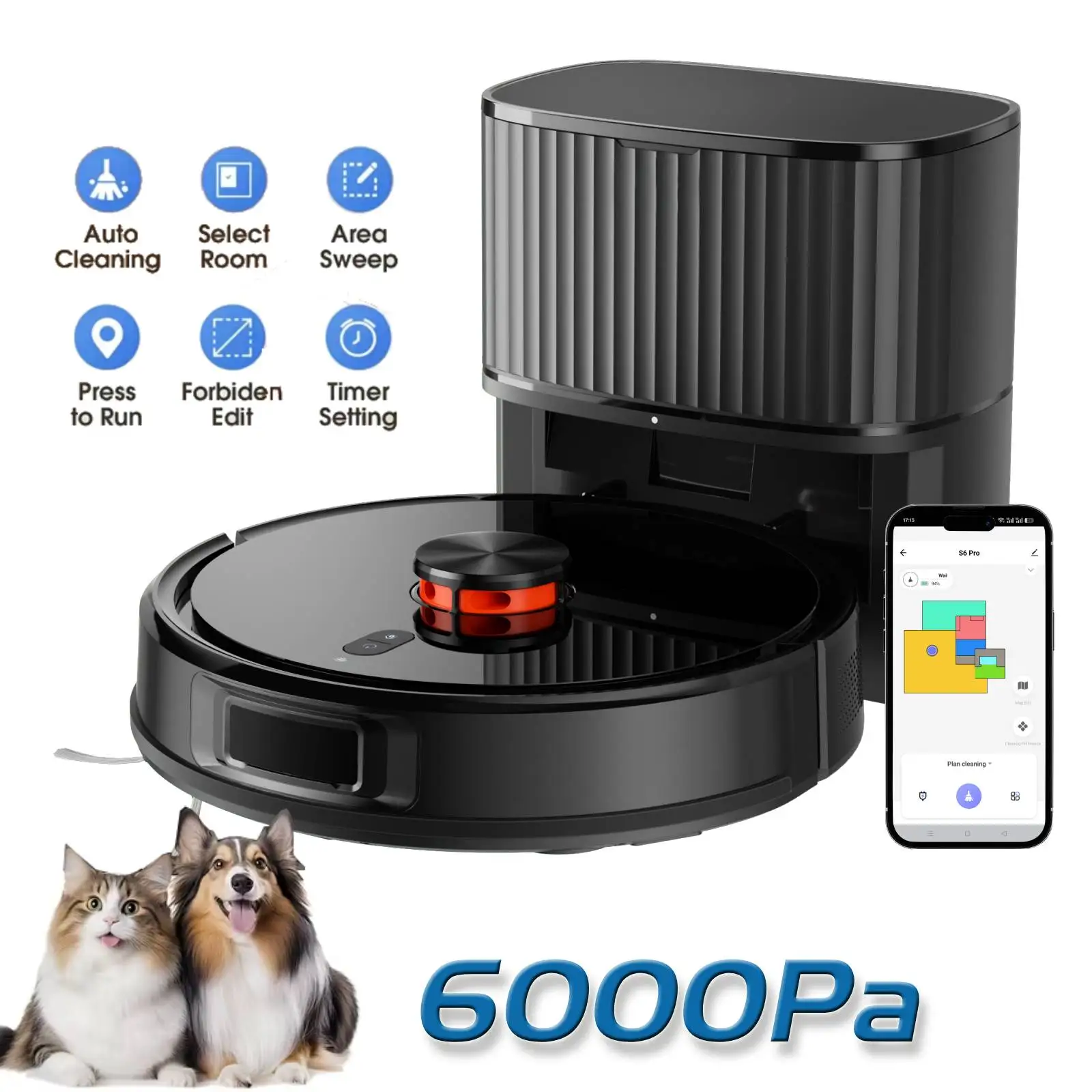 Robot Vacuum and Mop, Robot Vacuum Cleaner Self Emptying, 6000Pa Suction,Auto-Empty Dock, Robot Vacuum and Mop Combo for Pet Hai