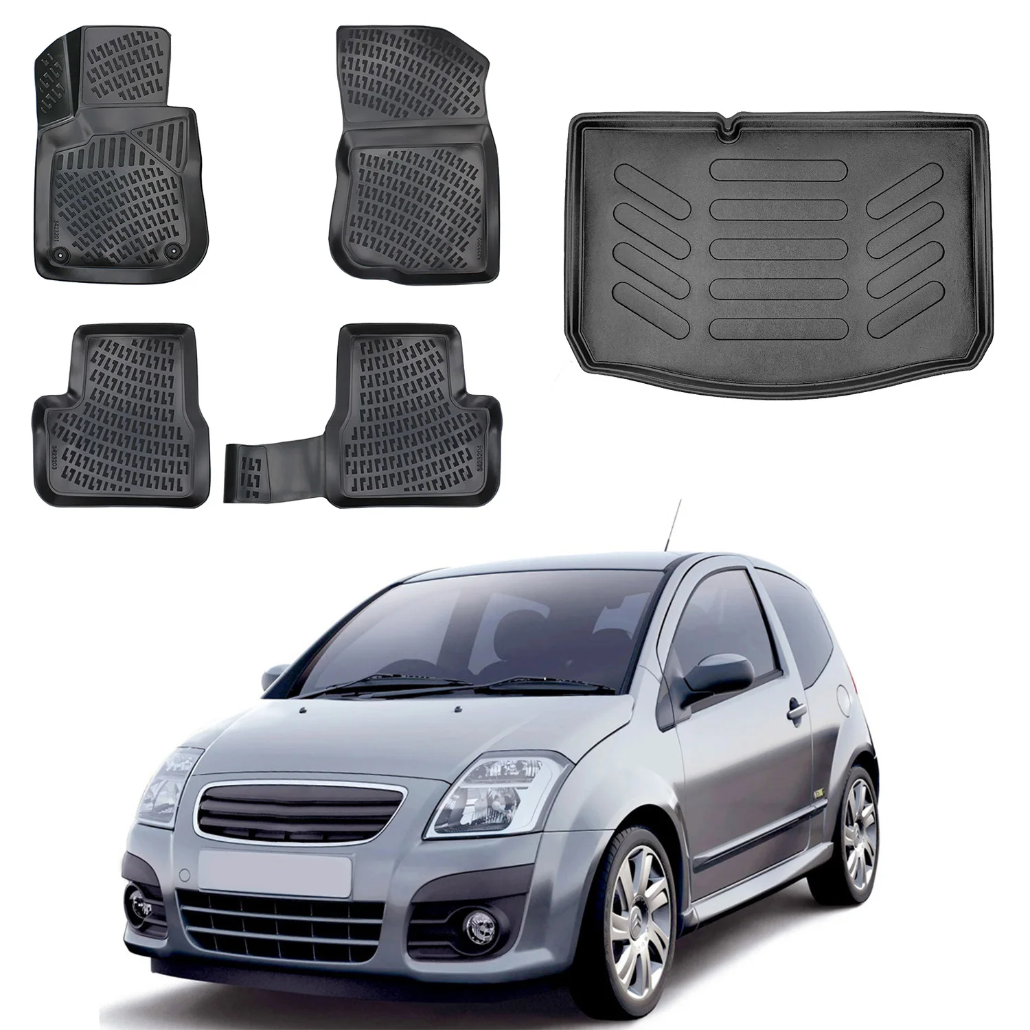 Floor Mats + Cargo Trunk Liner Fits Citroen C3 2002-2009 Set - All Weather Maximum Coverage - Water Resistance