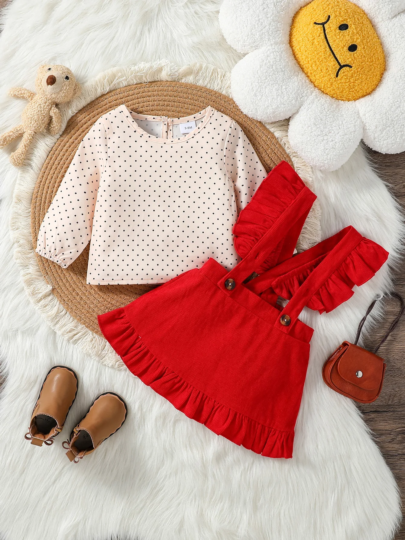 Baby girl Long Sleeve Top With polka-dot print &Slip Dress cute fall/Spring two piece suit