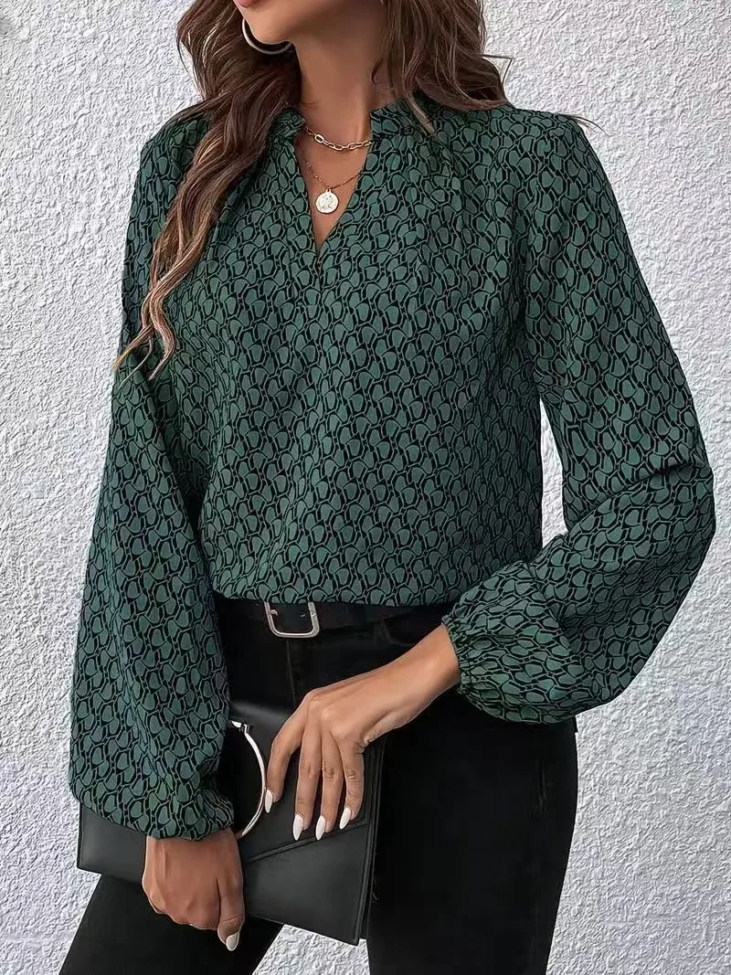 plus Size Women's Fashion Geometric Print Casual Versatile V-Neck Long Sleeve Top
