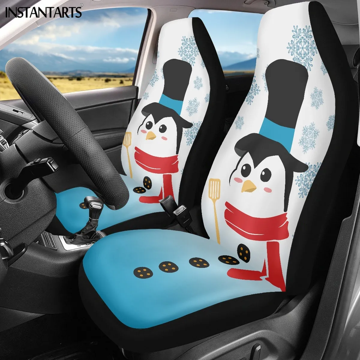 INSTANTARTS 2 Packs Car Seat Cushion and Covers Cute Snowman Designs Anti-Slip Stain Resistant Polyester Auto Interior Supplies