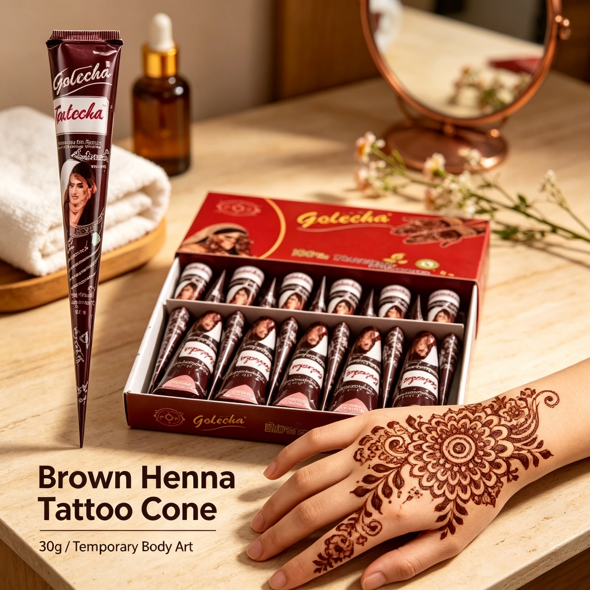 Henna Tattoo Paste Cone 30g, Temporary Mehndi Body Art Kit, Natural Brown Stain for Hand Drawing, Faux Freckles & DIY Skin Decoration