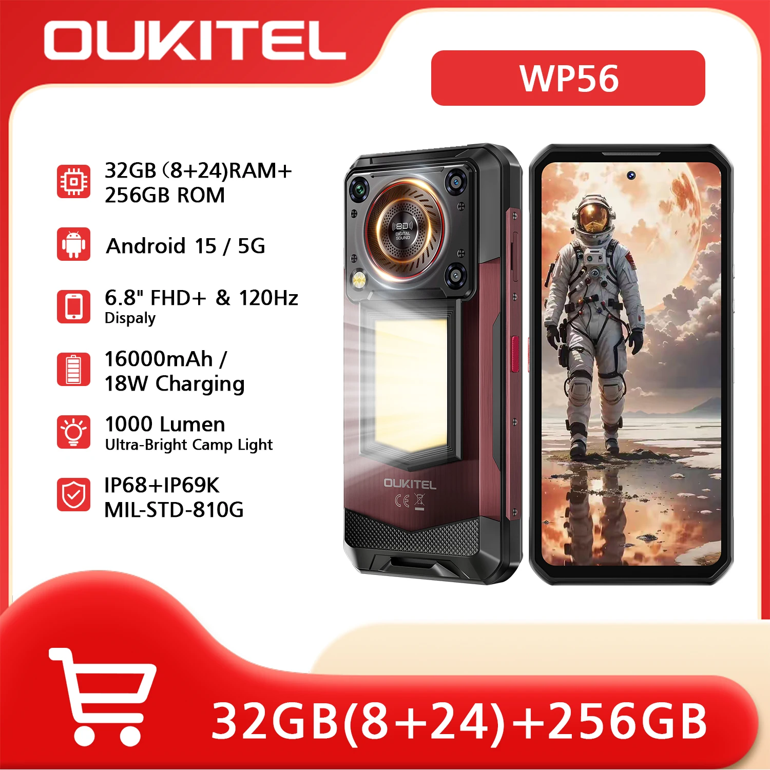 Smartphone robuste OUKITEL WP56 5G débloqué, 32 Go + 256 Go/2 To, Android 15, batterie 16000 mAh avec lampe de camping, écran FHD+ 6,8 pouces 120 Hz
