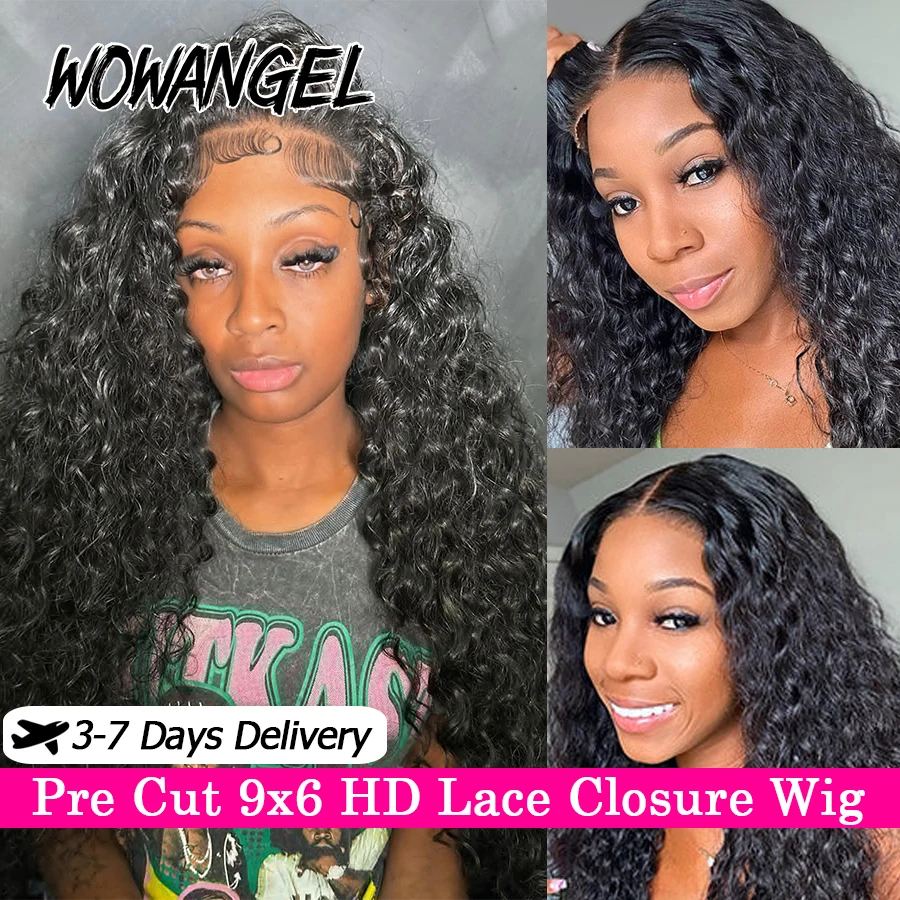 WOWANGEL 250% Pre Cut 9x6 HD Lace Closure Wigs Water Wave Glueless Wig Human Hair Melt Skins Brazilian Hair Wear & Go Curly Wigs