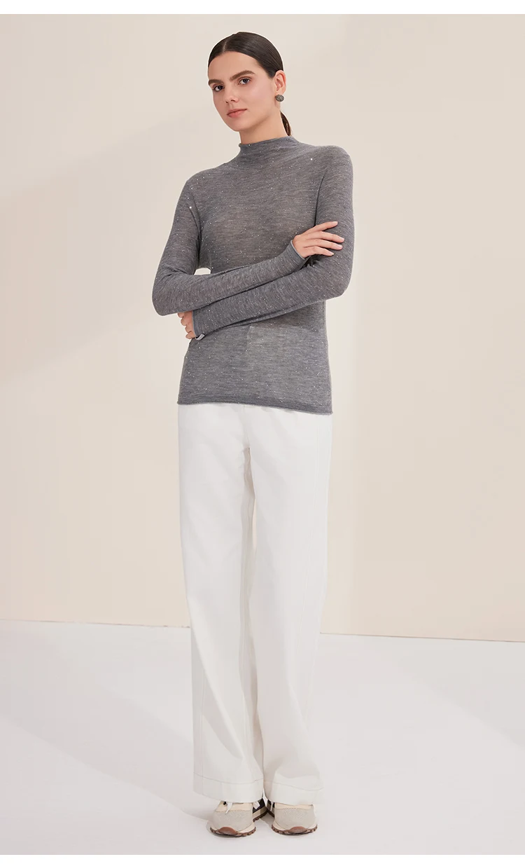 BY3521261 Damen Kaschmir-Mischgewebe Langarm-Strickshirt mit Stehkragen, Glitzergarn, Slim Fit, Leichtgewichtig, Herbstliches Alltags-Oberteil – Detail 7