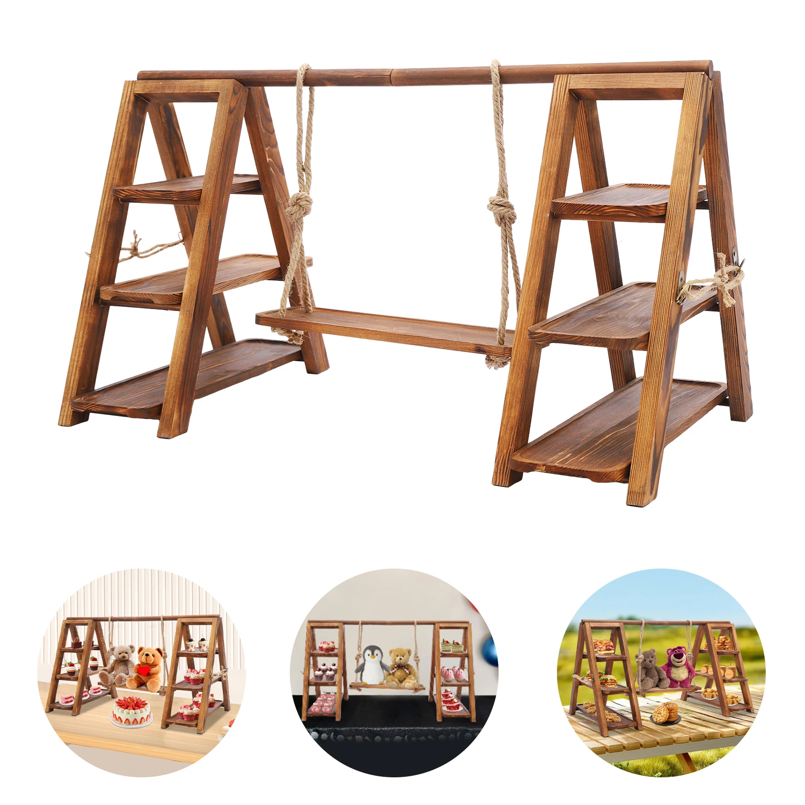 3 الطبقة تخدم صينية صينية تقديم خشبية مجموعة الصحراء الجدول عرض مجموعة كعكة سوينغ حامل عرض خشبي حامل للحلويات كب كيك #5