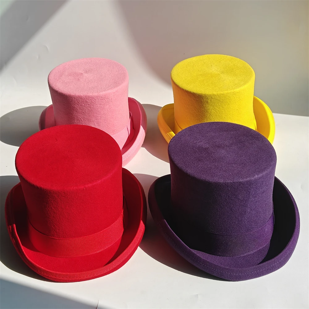 2025 Pink High Top hat Magician high hat 4 size British black jazz yellow top hats male and female court gentleman flat felt hat