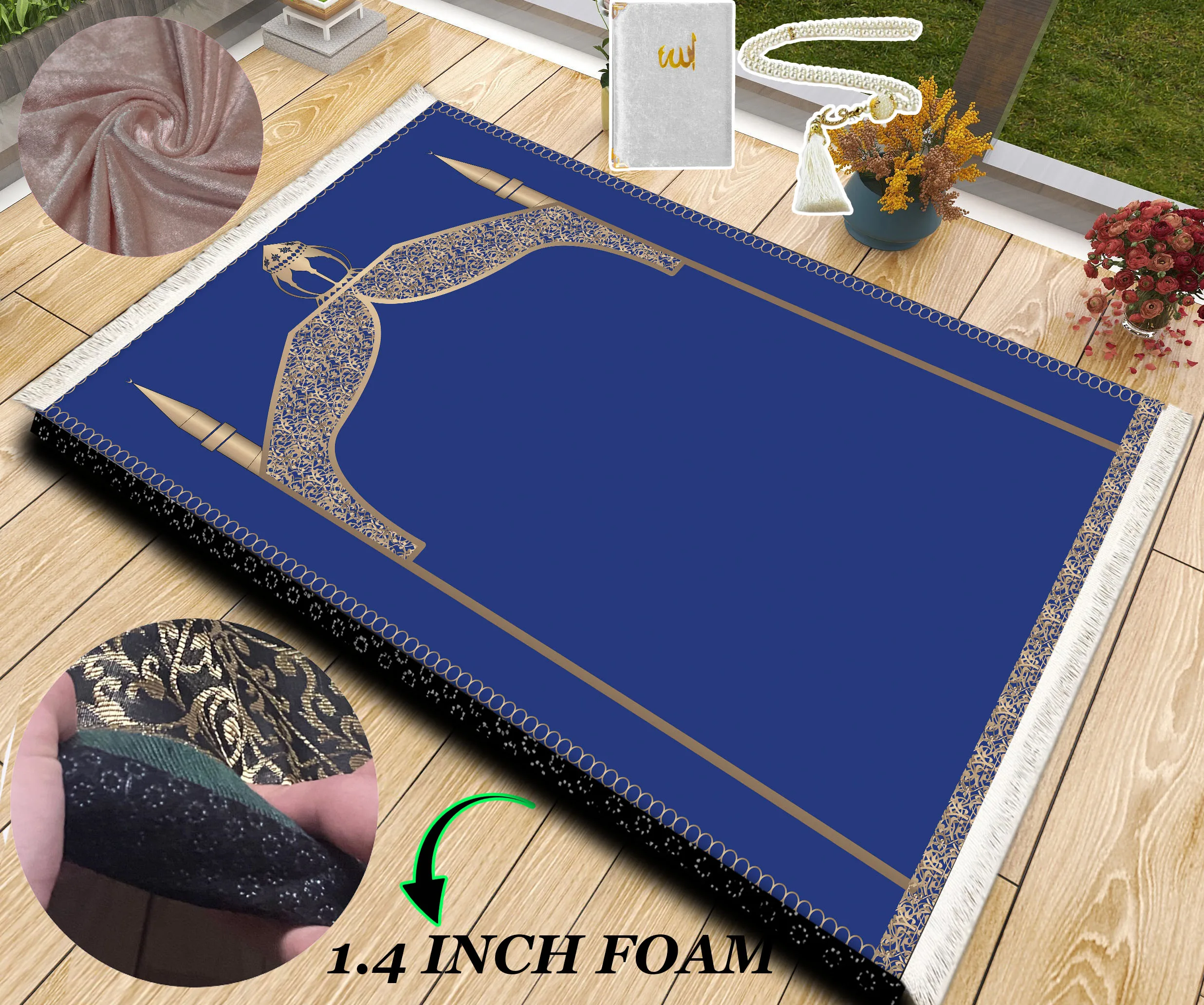 Extra Thick Foam Padded Turkish Blue Gold Prayer Rug, Yaseen, Soft Praying Mat Carpet & Pearl Tasbeeh, İslamic Gift Set