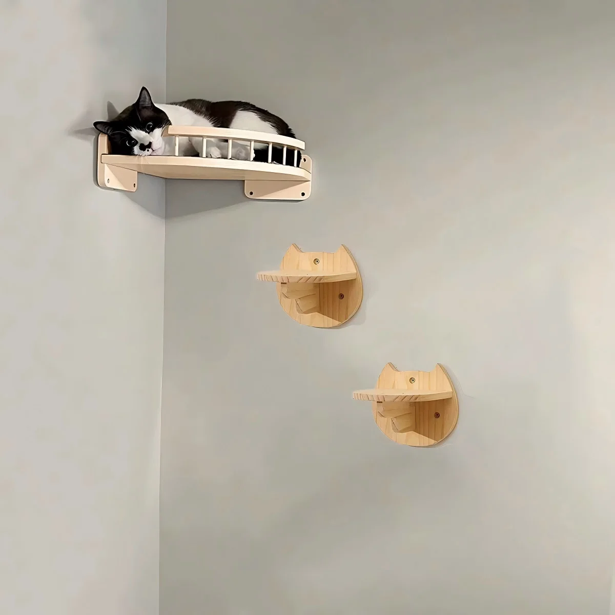 3/4Pcs Corner Hammock with Steps Set Wall Mounted Cat Tree Climbing Shelf For Indoor Cats Wooden Hanging Sleeping Bed Furniture