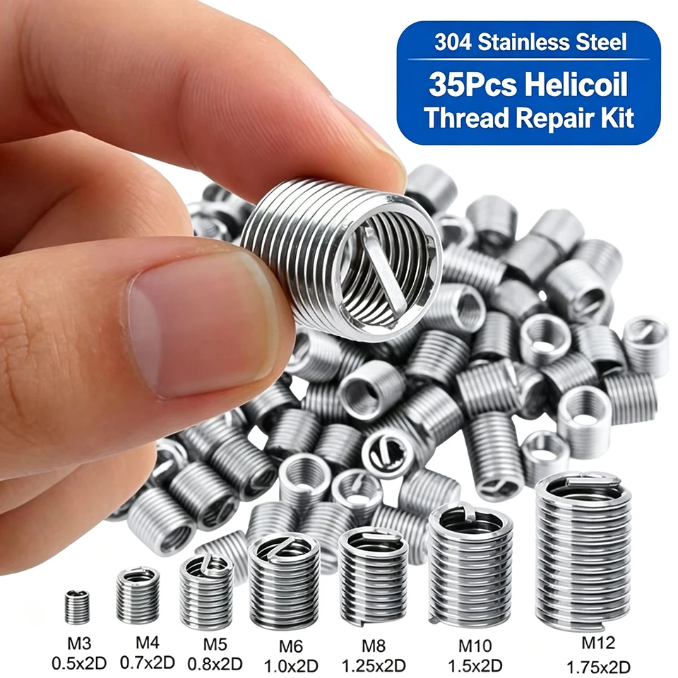 35pcs 304 Stainless Steel Thread Repair Kit M3-M12 Helicoil Wire Thread Inserts Set for Stripped Screw Hole Repair Hardware