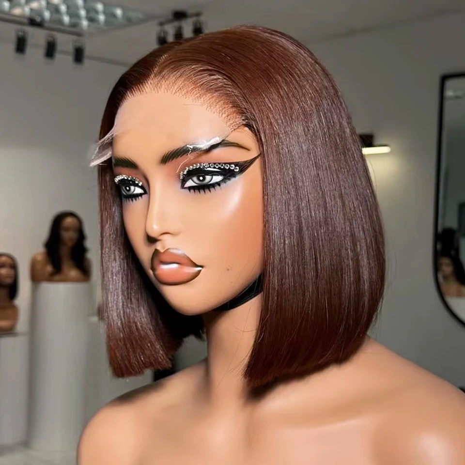 

100% Human Hair Bone Straight Bob Wigs 13X4 HD Lace Frontal Wig Dark Brown Chocolate Brown Color Brazilian Virgin Human Hair
