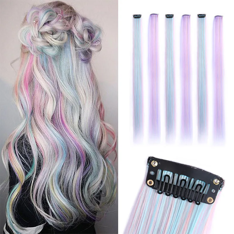 

5PC rainbow curly wave One-piece Clips in Hair extensions Hairpiece Synthetic wigs 22inch cosplay Lolita girl DIY Hair Extension
