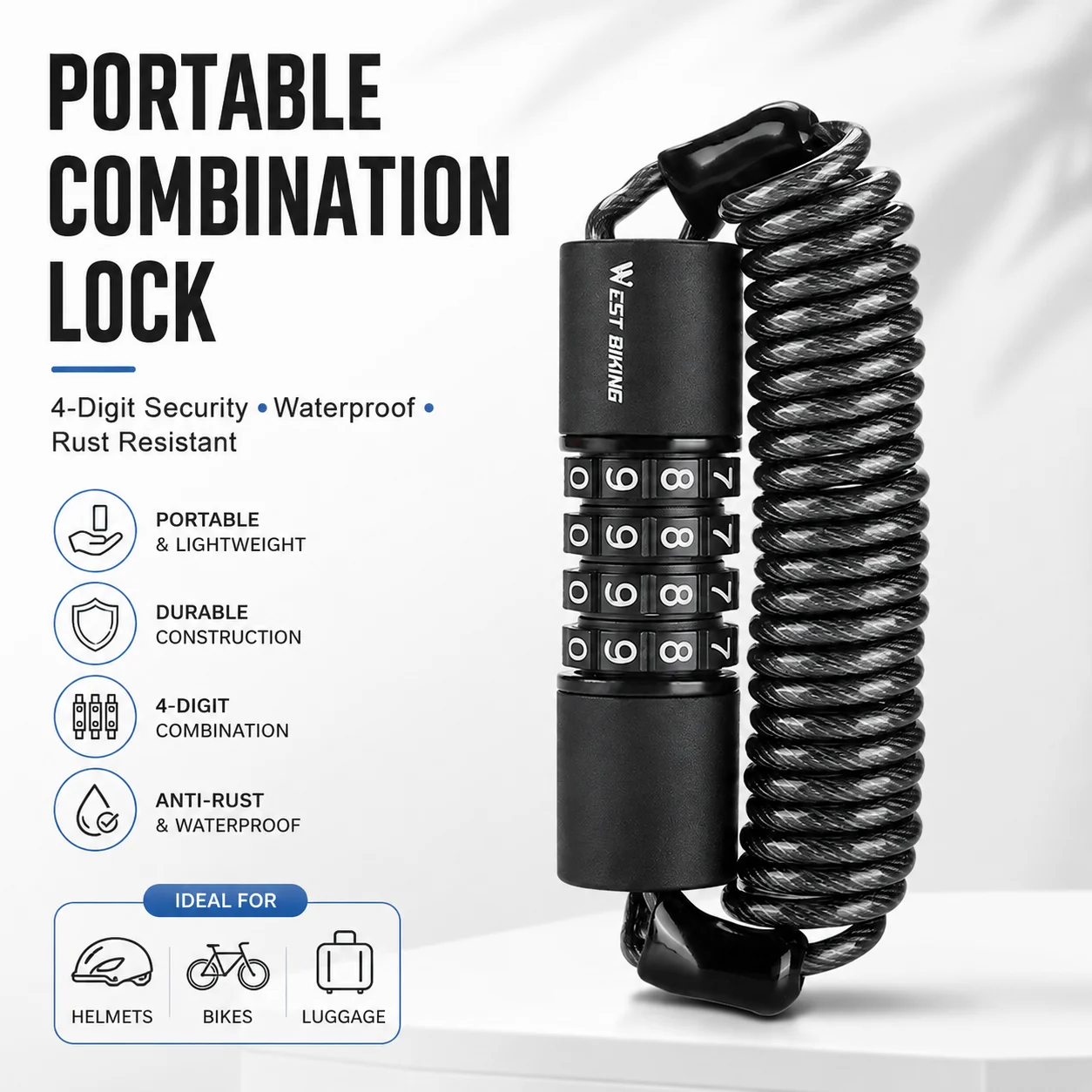 WEST BIKING 4 Digit Combination Cable Lock 1.5m Coiled Steel Security Lock for Bike Helmets Motorcycle Luggage Backpack Portable