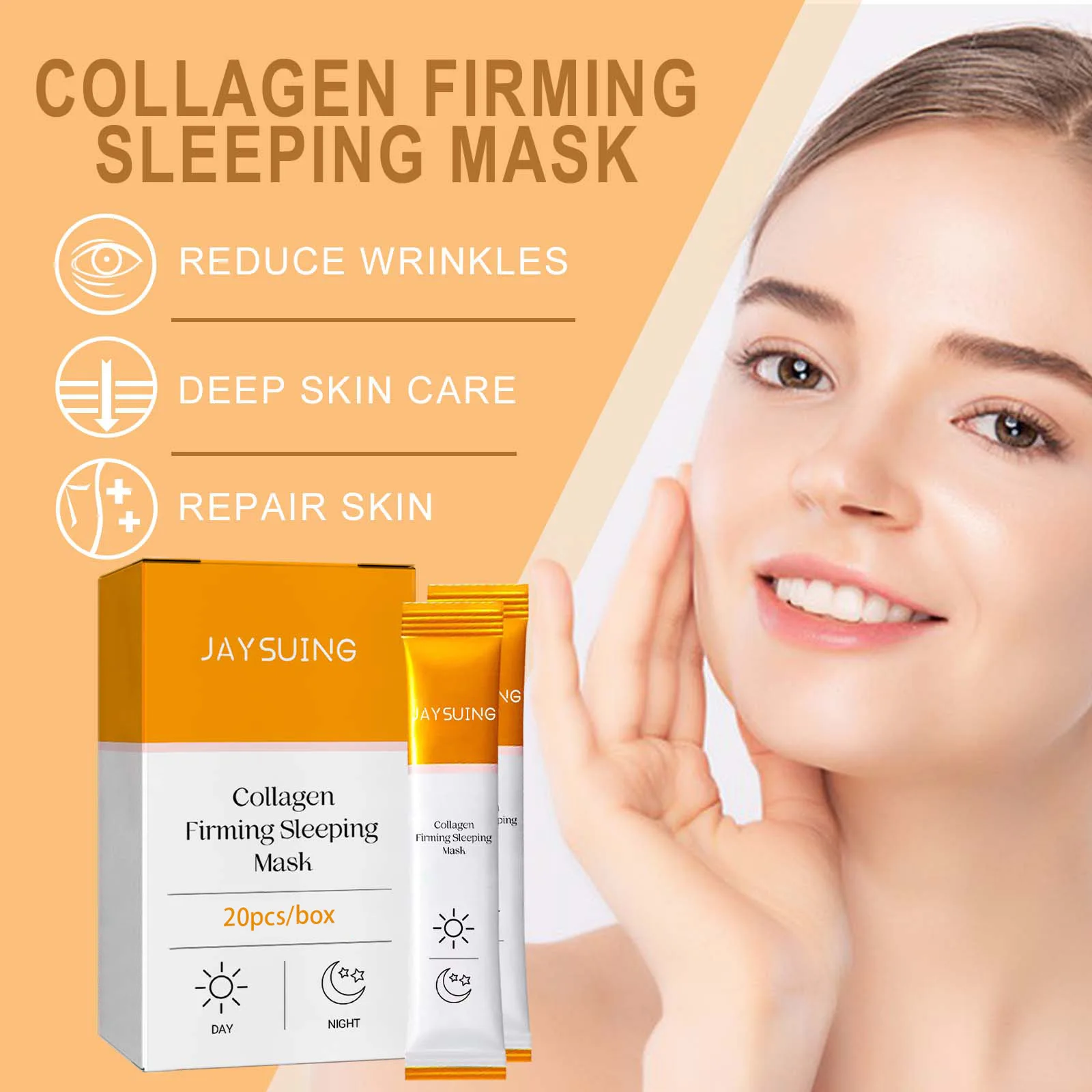 Jaysuing 20pcs Collagen Moisturizing Face Mask Wrinkle Remover Tightening Face Firm Smooth Hydrating Brightening Sleeping Mask