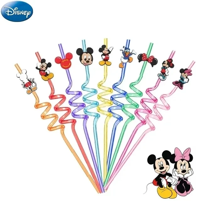 New 8pcs Disney cartoon Mickey Mous Action figure straws Kawaii Anime figure Minnie Baby Shower kids toy birthday party supplies