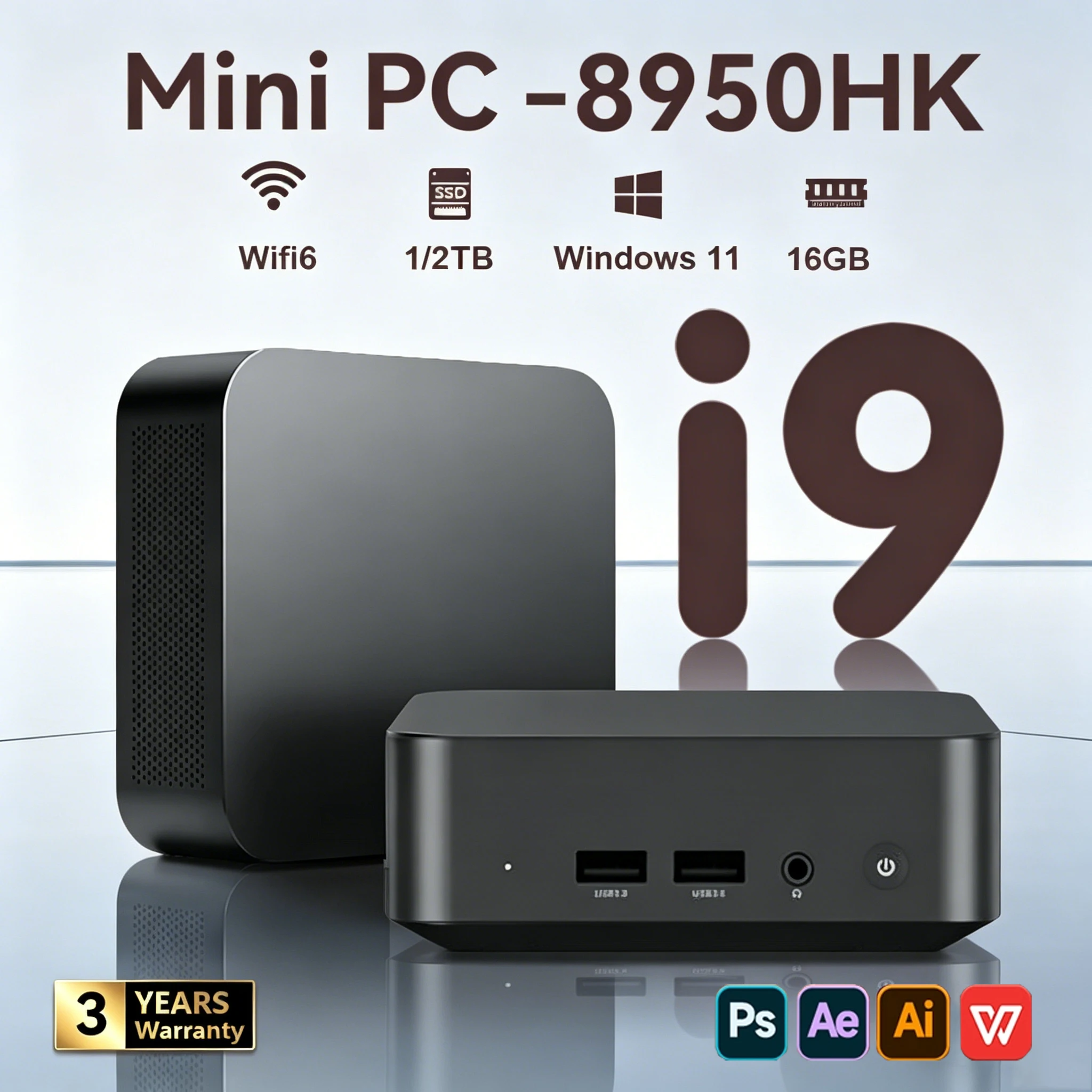 Mini PC Windows 11 avec écran 3 voies, Intel Core i9-8950HK, 16 Go de RAM, SSD 1/2 To, mini ordinateur 4K HD, mini PC de jeu de bureau