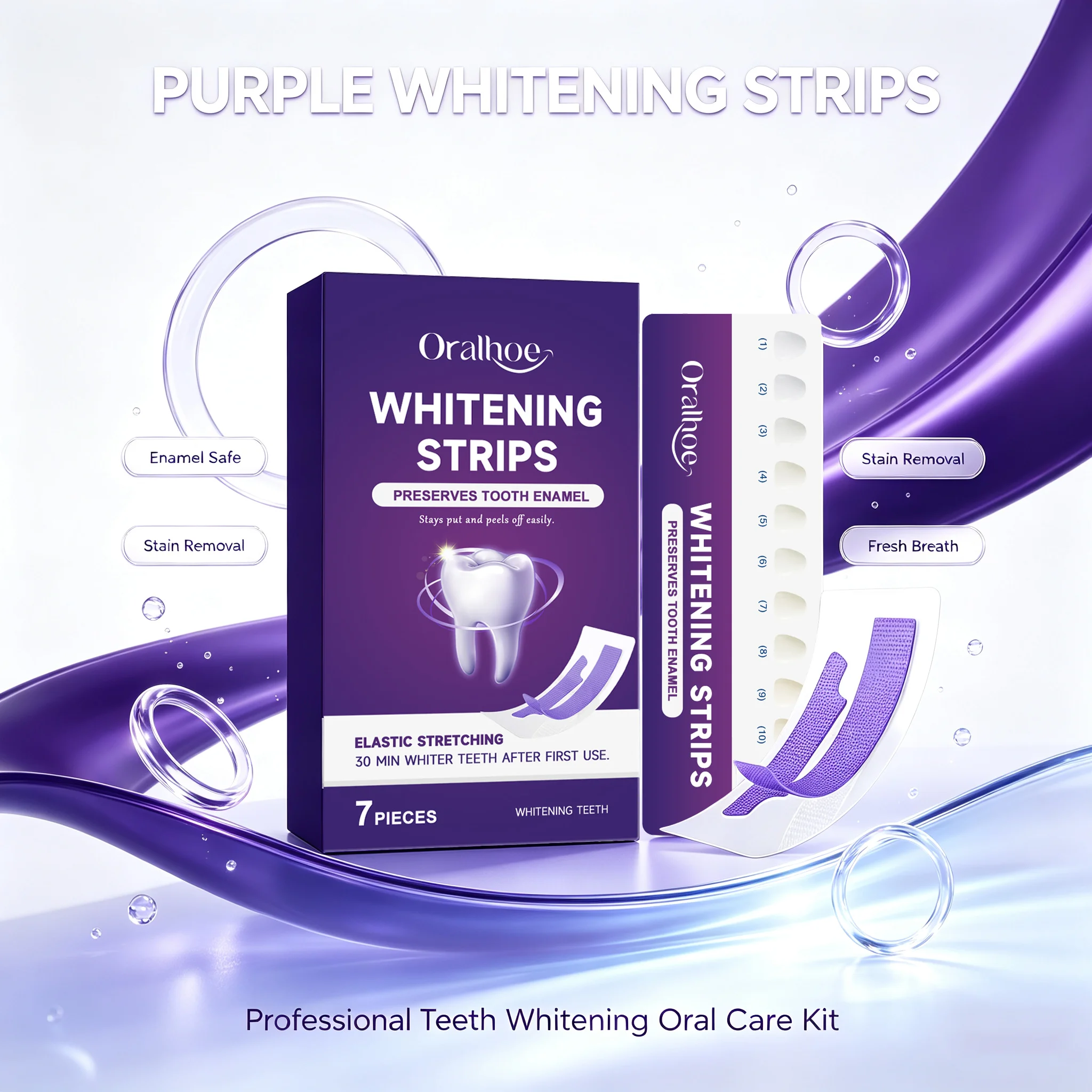 Purple Teeth Whitening Strips 7PCS Treatments Safe for Enamel Non Sensitive Brighter Smile Natural Shine Helps Remove Stains Fresh Mint Flavor Brightening Oral Hygiene Care