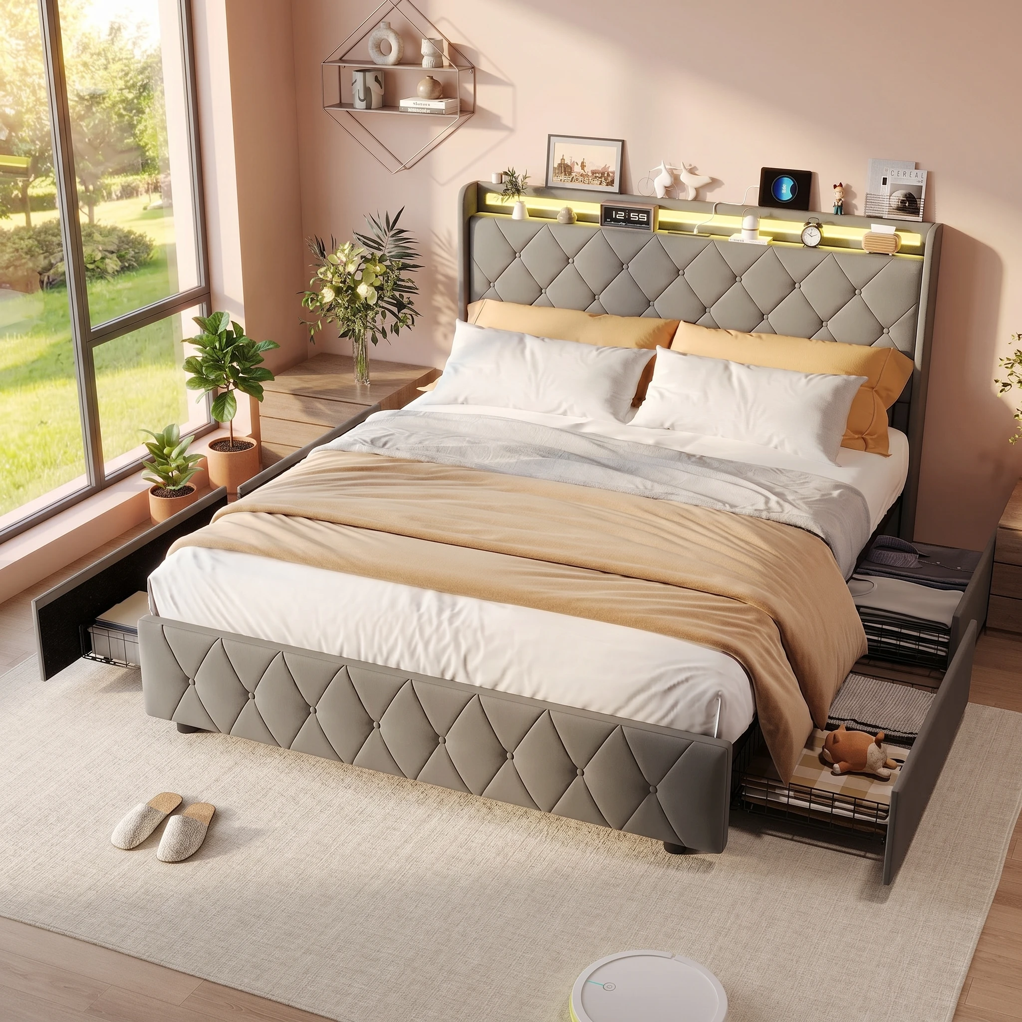Cadre de lit Superaly 140/160x200 cm, lit double avec 4 tiroirs de rangement, lit rembourré, lit pour jeunes, lit rembourré, lit pour la sieste