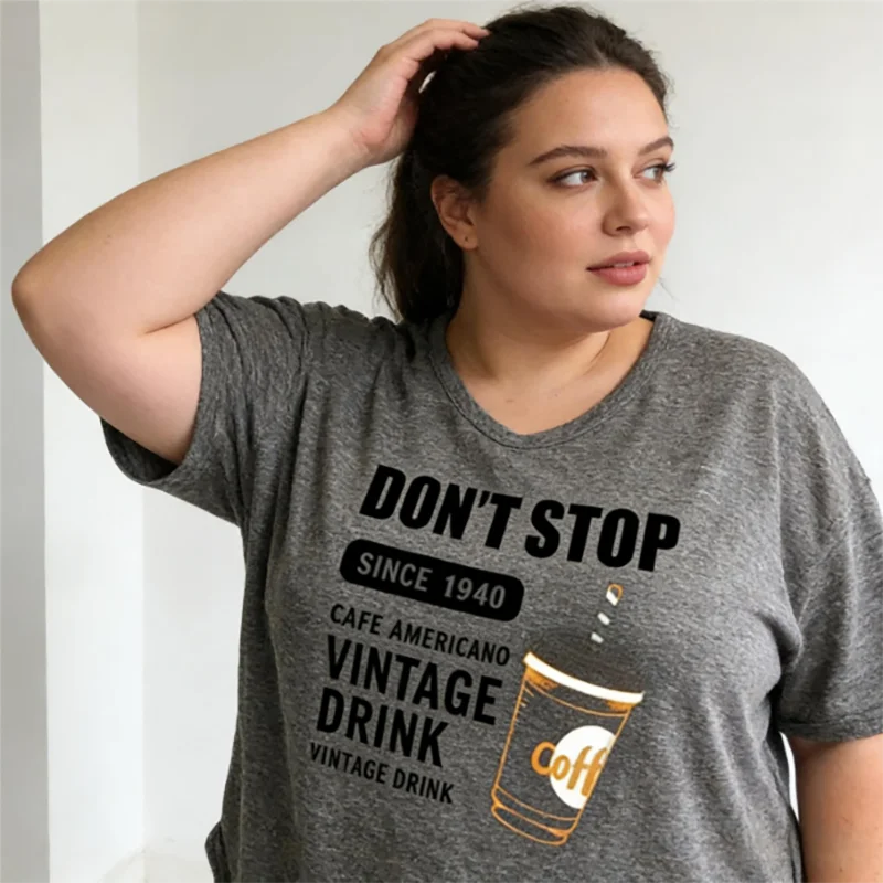 Plus size 40-150kg coffee print oversized t shirt women casual loose u neck short sleeve graphic tee soft summer tops