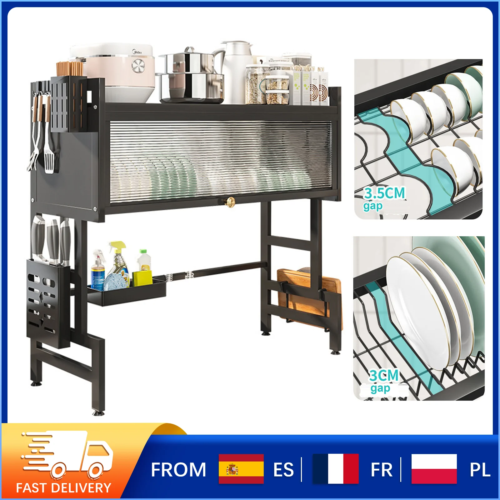 Égouttoir à vaisselle multifonctionnel sur évier avec couvercle rabattable en acier carbone, 2 niveaux, design stable en forme de H pour comptoir
