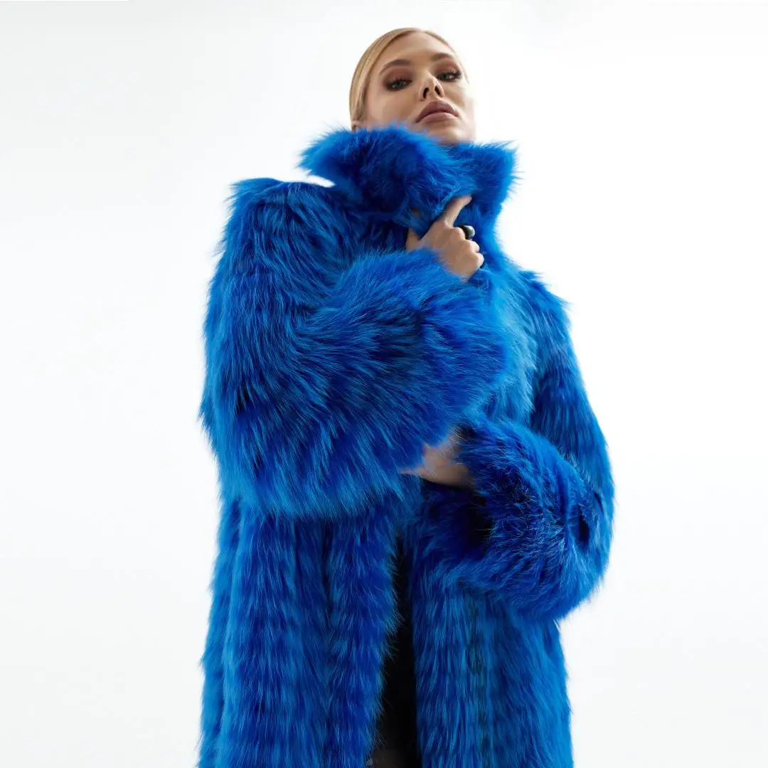 120cm Long Royal Blue Real Silver Fox Fur Coat for Women Winter Outwear Fashion Casual Woman Genuine Leather Fox Fur Coat Luxury