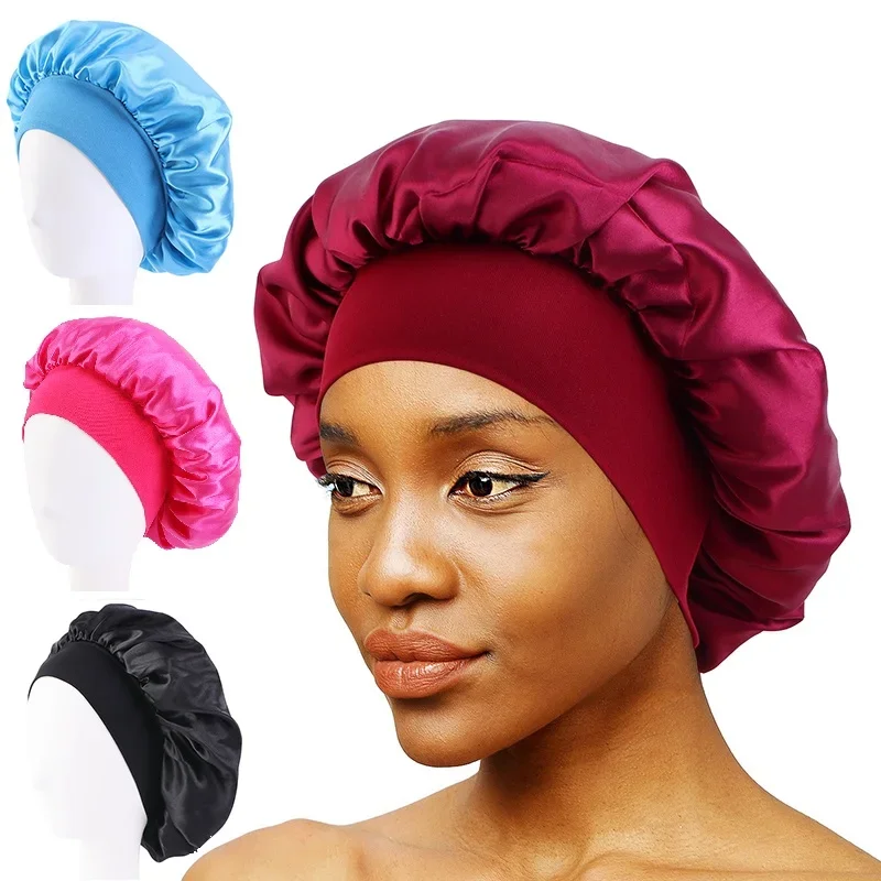 Novo feminino cetim sólido de abas largas chapéu de dormir unisex cabeça envoltório elástico boné