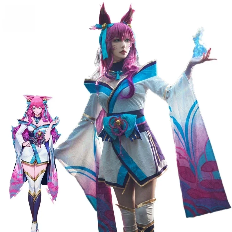 Rolecos Lol Spirit Blossom Ahri Cosplay Kostuum Ahri Cosplay Pruik Spel Lol Ahri Kostuum Vrouwen Kimono Volledige Set Chinese Jurk - afbeelding 2