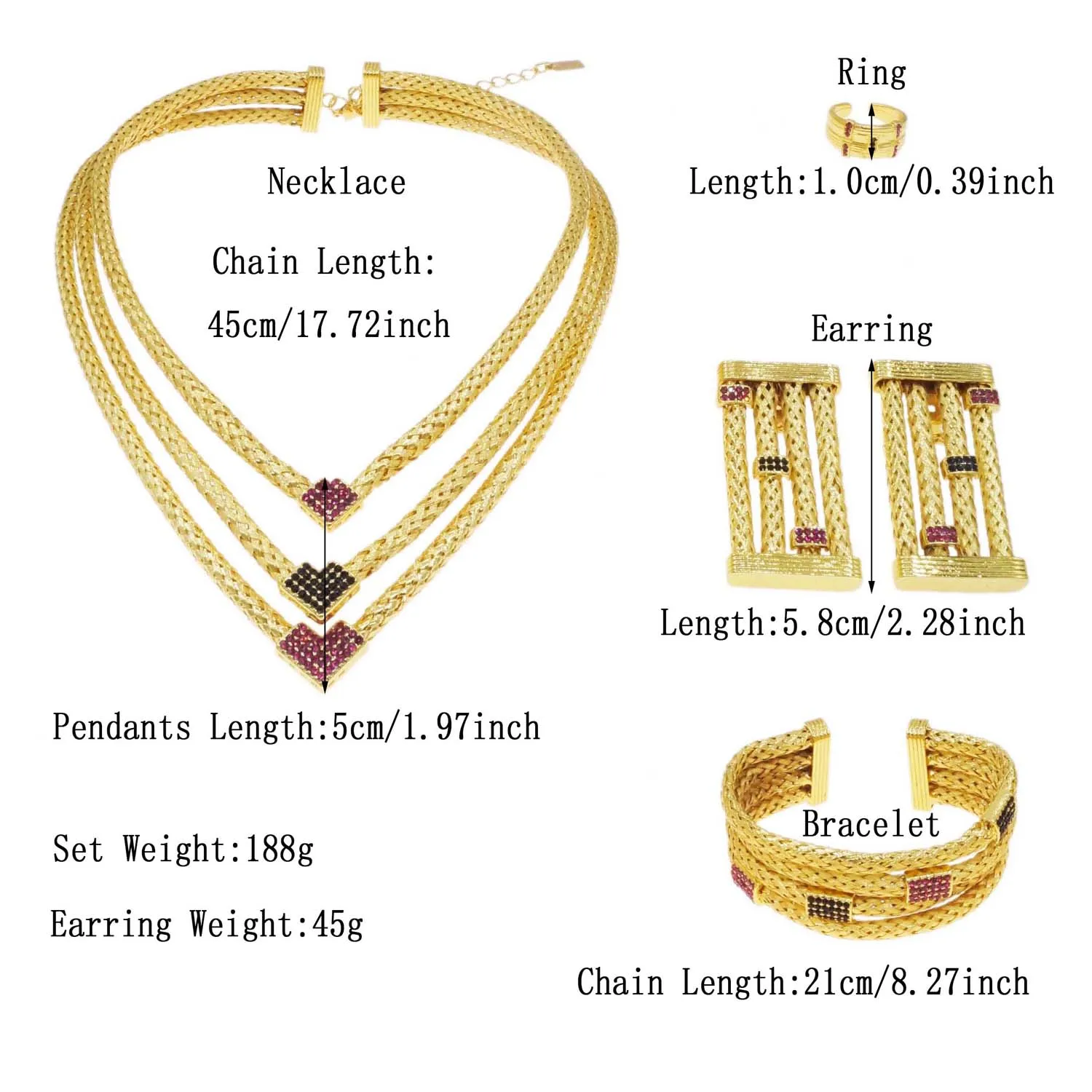 Gold Plating Jewelry 24k Original Women\'s Luxury Colorful Gold Plated Necklace Square Earrings Bracelet Luxury Wedding Bijoux