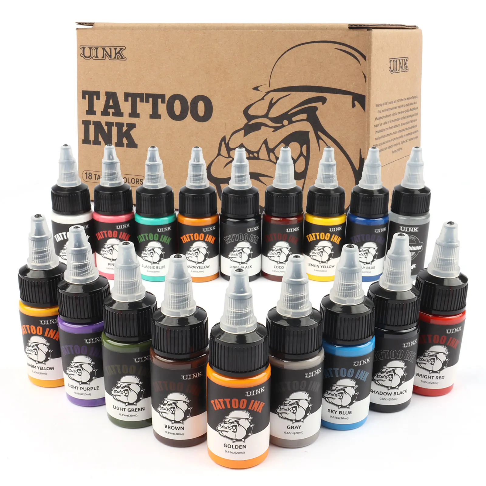 Uink 18 pcs Tattoo Ink Set 20ml (0.65OZ) Tattoo Pigment Easy To Color Long Lasting Body Art Multi-Color Tattoo Ink Kit