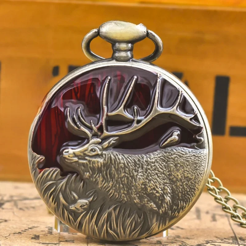 Steampunk Vintage Bronze wapiti sculpté Quartz montre de poche collier pendentif horloge chaîne hommes femmes chaîne cadeau