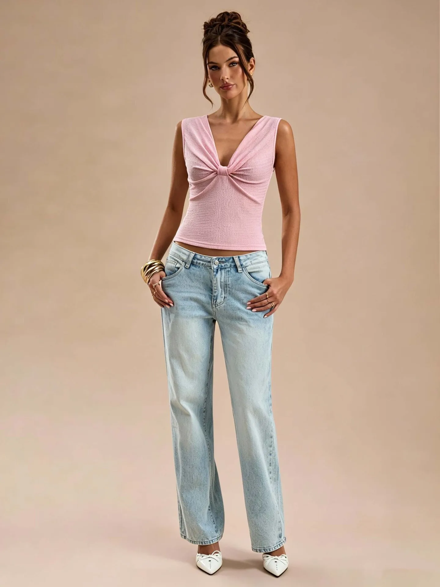 V Neck Sleeveless Top Regular Length Casual with Elegant Professional Daily Office Style T Shirt Summer Date Night Top for Women