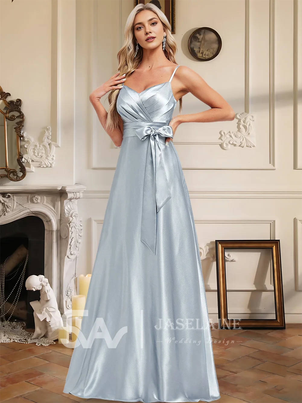 WMP Luxury A-Line Stretch Satin Bridesmaid Dresses Floor-Length V-Neck Spaghetti Straps Belt Sash Wedding Party Evening Cocktail