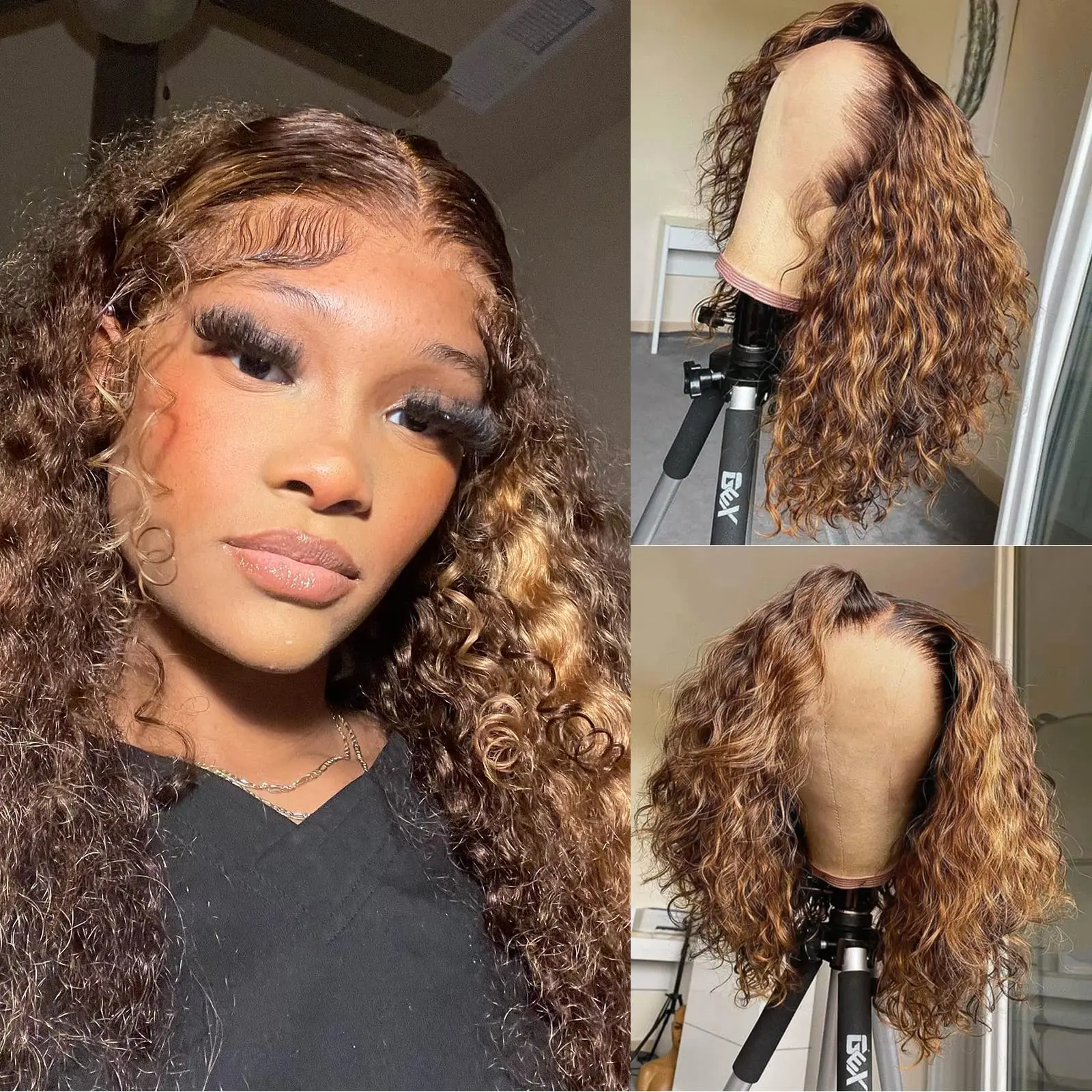 13x4 Lace Frontal P4/27 Honey Blonde Curly Bob Wig  Ombre Lace Front Bob Wigs Pre Plucked with Baby Hair Glueless Wigs for Women