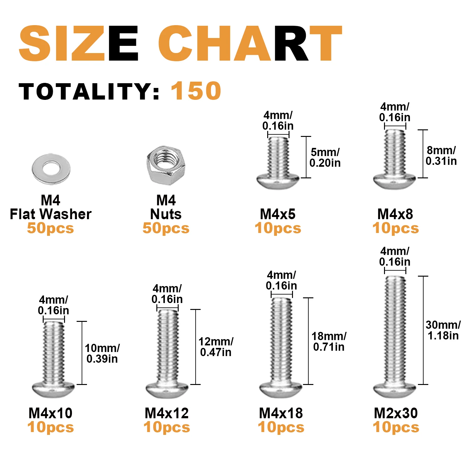 VKKM 150Pcs M4 304 Stainless Steel Button Head Hex Socket Screws Nuts Flat Washers Assortment Kit, 6 Sizes M4x5 M4x8 M4x10 M4x12 M4x18 M4x30 Fastener Set with Allen Wrench for Furniture Cabinet DIY Repair
