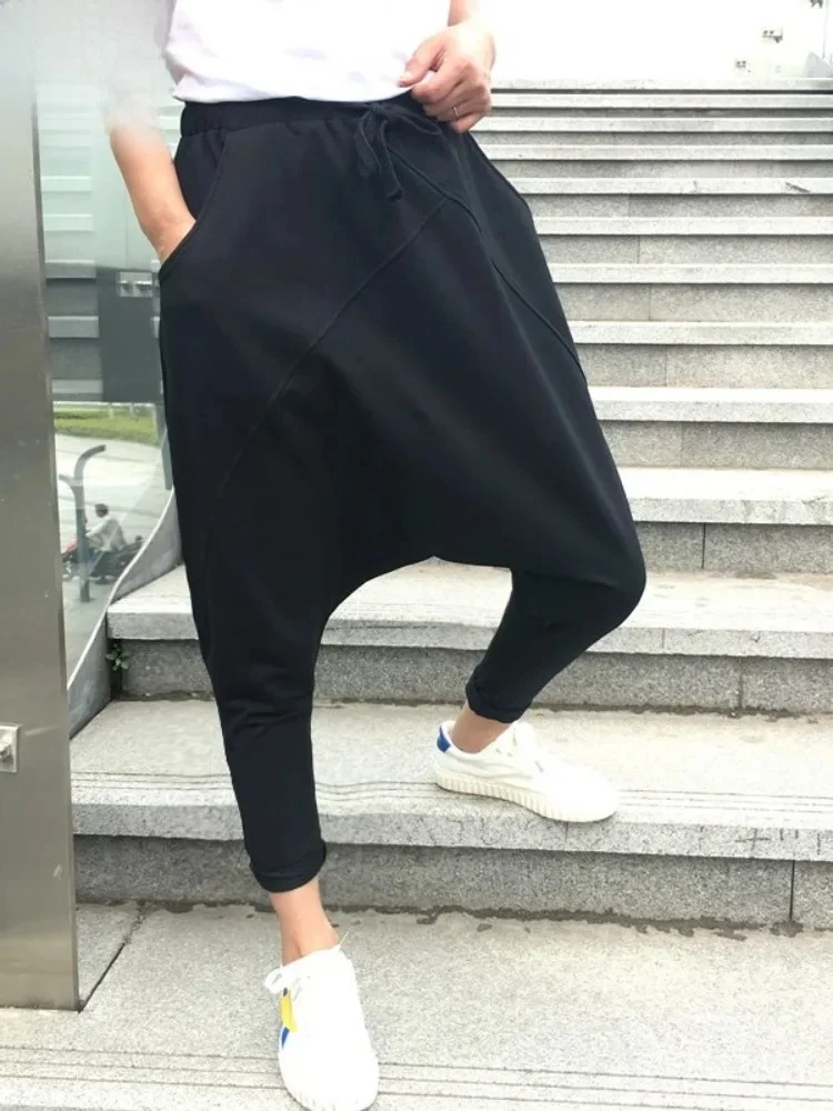 Hip Hop męskie spodnie dresowe z obniżonym krokiem spodnie do kostek ściągane sznurkiem luźny krój wiosna lato mężczyźni Streetwear spodnie haremowe — zdjęcie 2